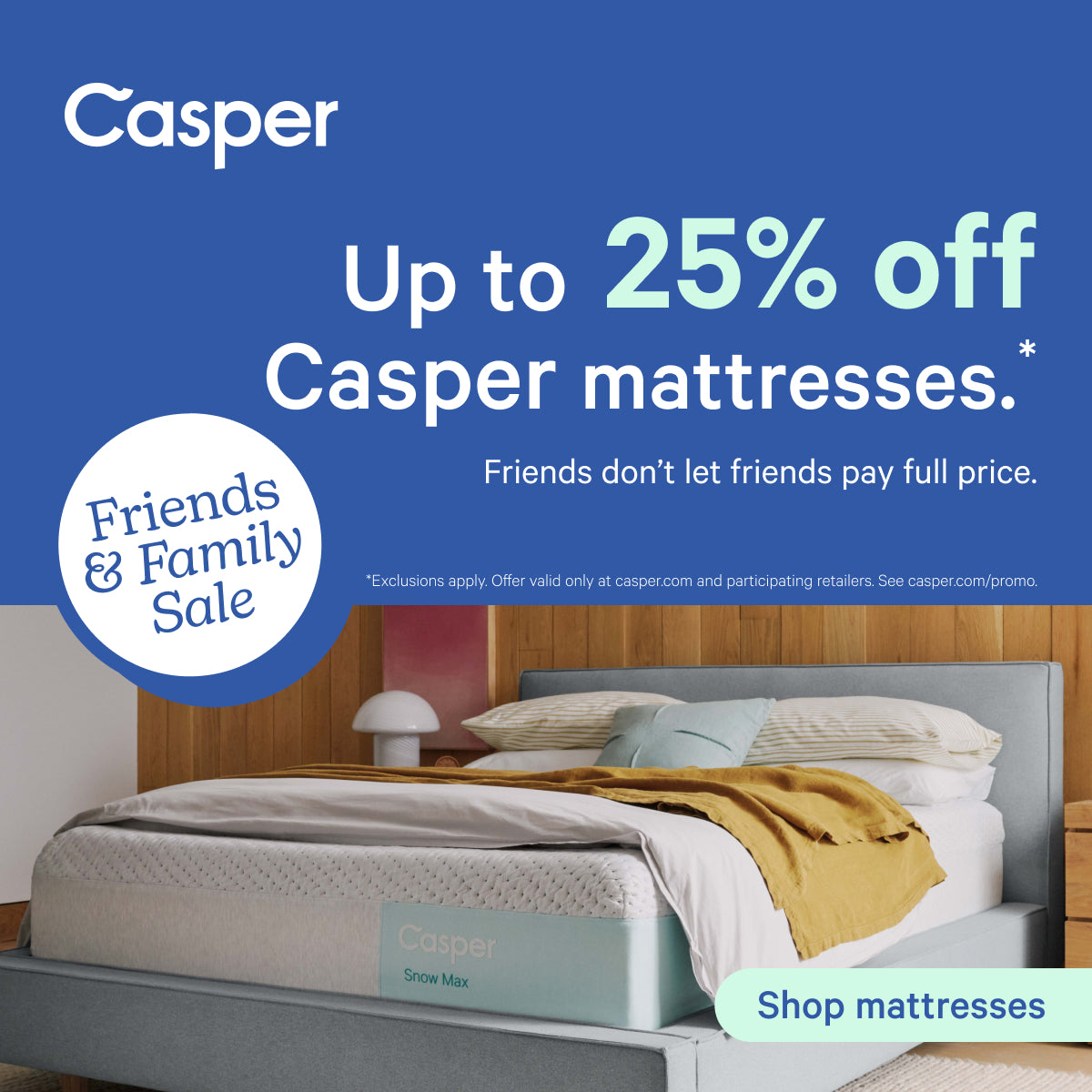 Casper mattress advertisement with a blue background and promotional text.