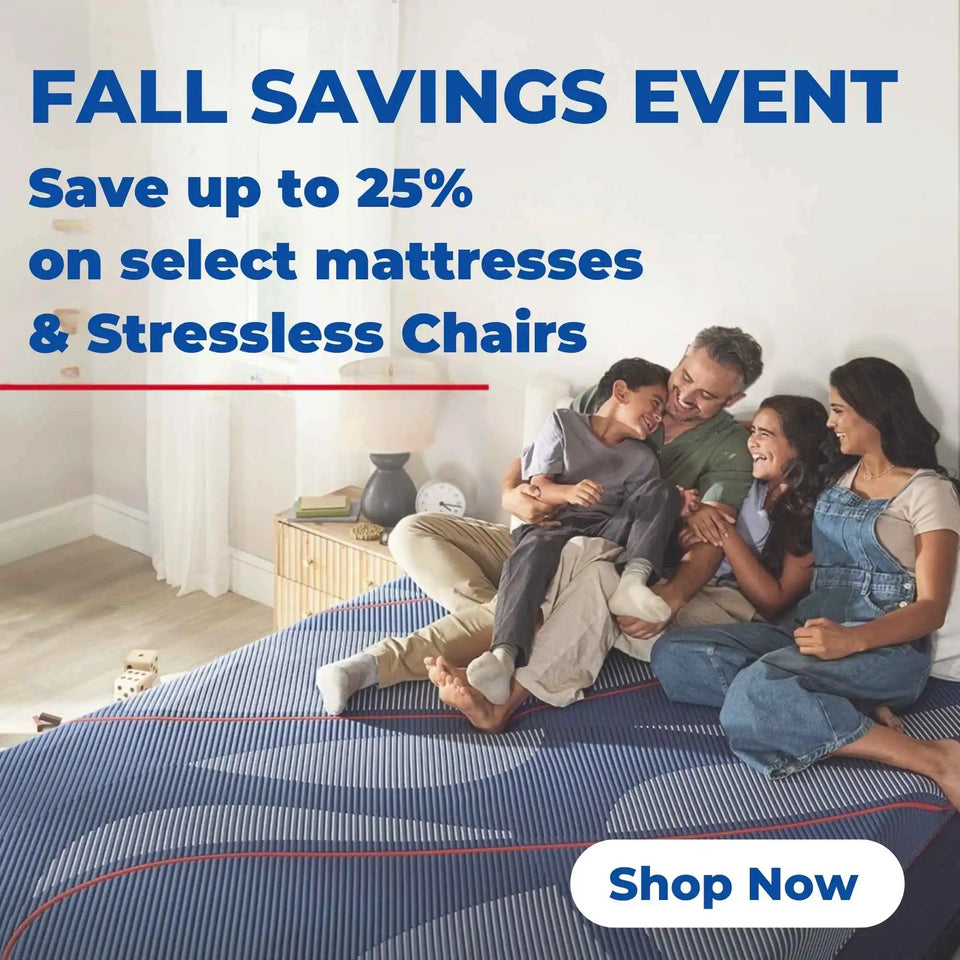 Advertisement for a fall savings event on mattresses and Stressless chairs with a family on a bed.
