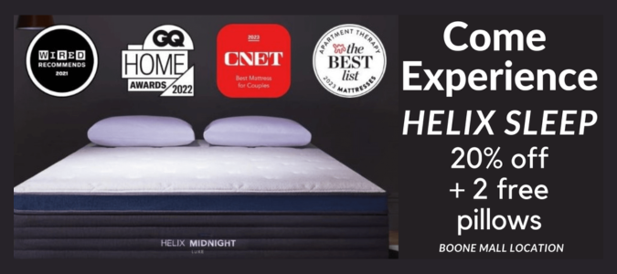 Helix Mattress sale in Boone, Banner Elk, Burnsville, Blowing Rock, Newland, Linville, Lenoir, Wilkesboro, West Jefferson, Asheville, Roan Mountain, Hickory, Mountain City