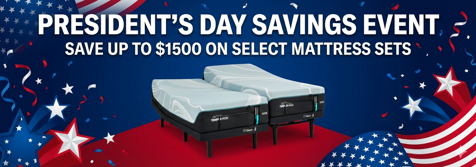 Promotional banner for President's Day savings event with mattress sets and American flag design.