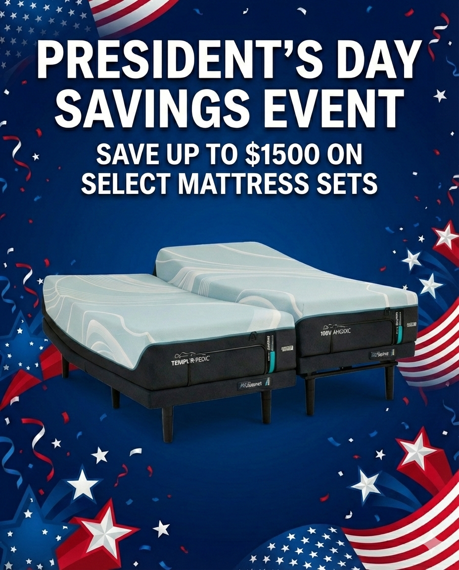 Promotional poster for President's Day savings event with mattress sets on a blue background with American flags and stars.