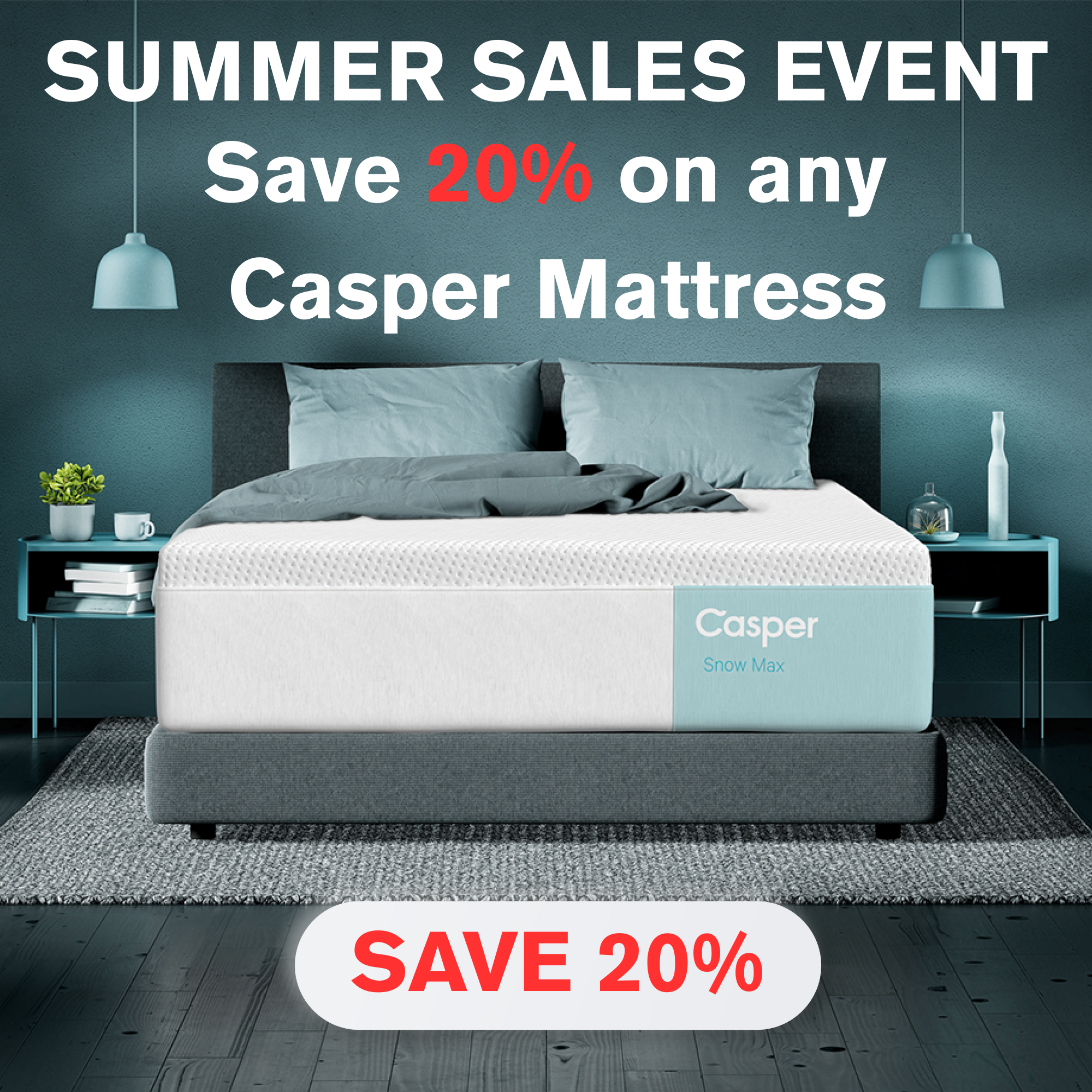 Casper mattress on a bed with a 'Summer Sales Event' text overlay.